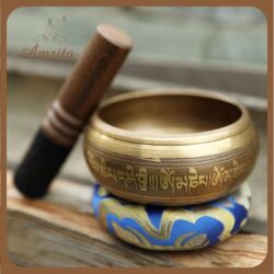 Handmade bright gold Tibetan Nepalese singing bowl with cushion and leather mallet - meditation and yoga singing bowl - meditation singing bowl-Amrita.vn